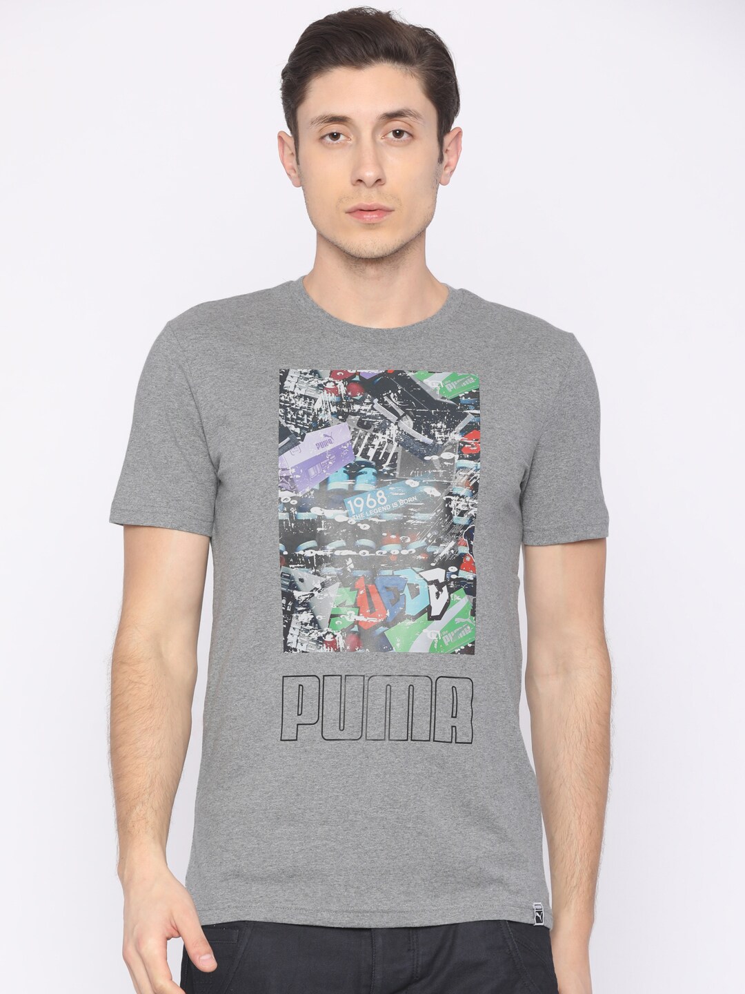 Puma Men Grey Printed Round Neck T-shirt