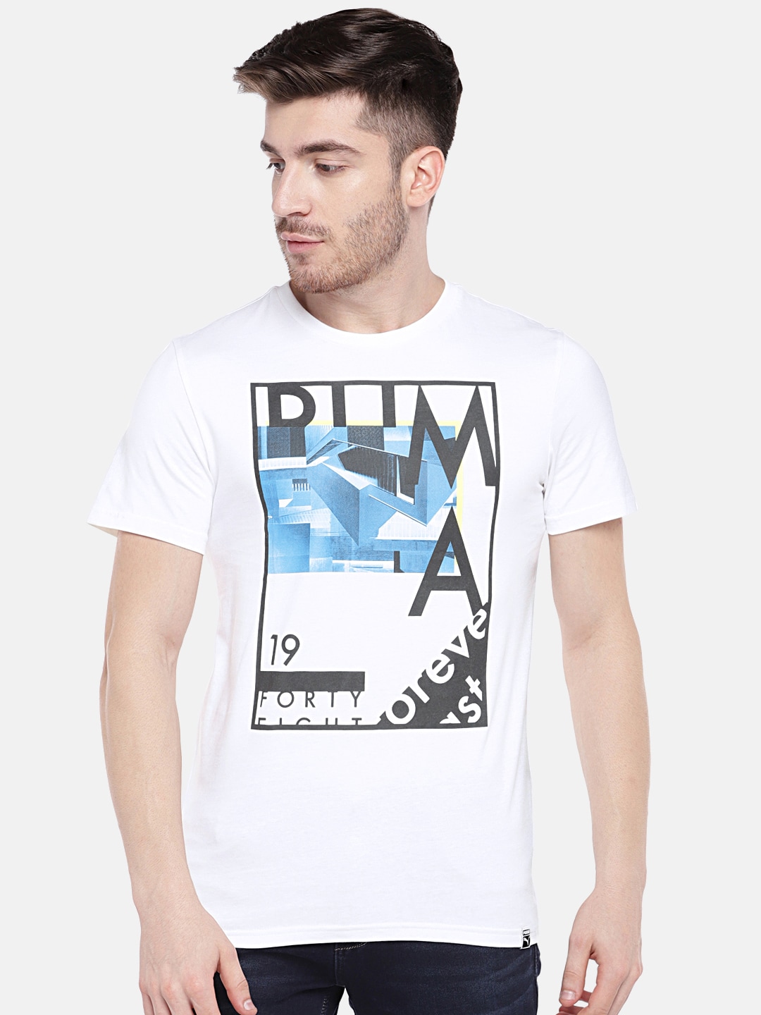 Puma Men White Printed Round Neck T-shirt