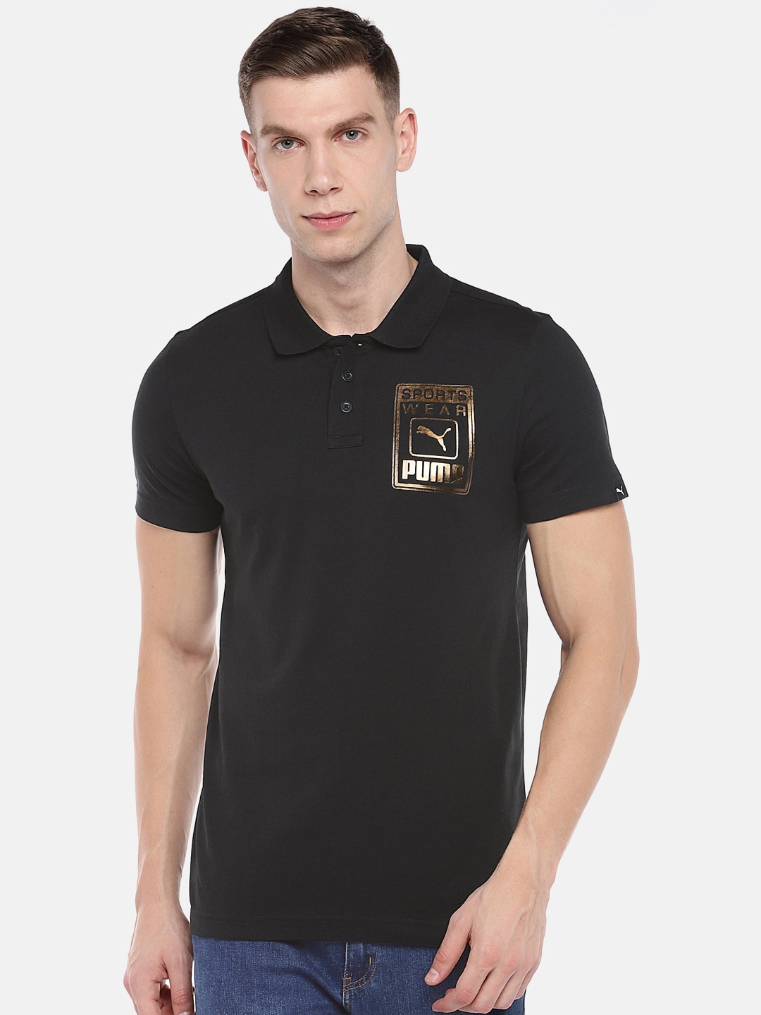 Puma Men Black Solid Slim Fit Polo Collar T-shirt