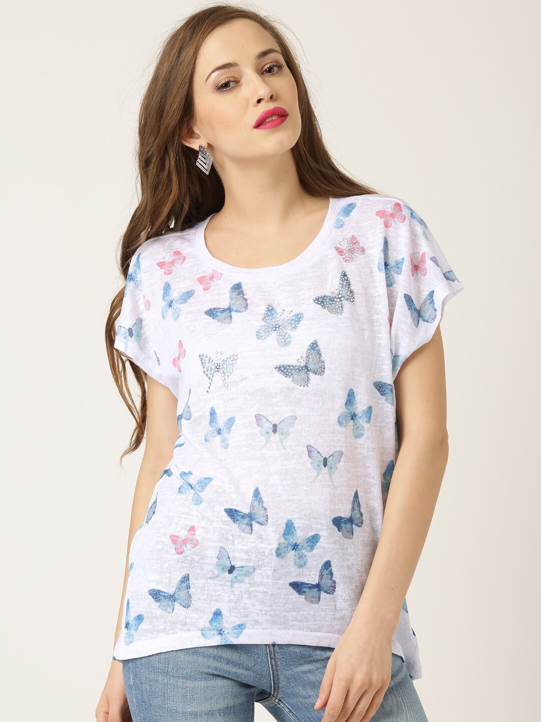Quiz White Polyester Butterfly Print Embellished Top