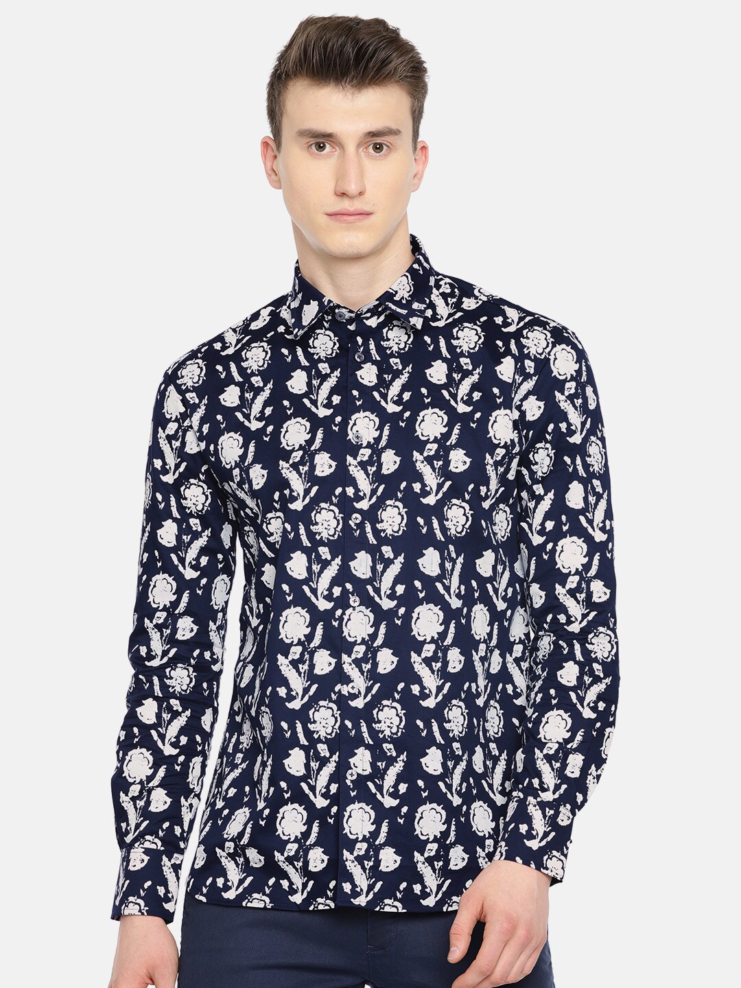 Rohit Bal Limited Men Navy Blue  Off-White Regular Fit Printed Smart Casual Shirt