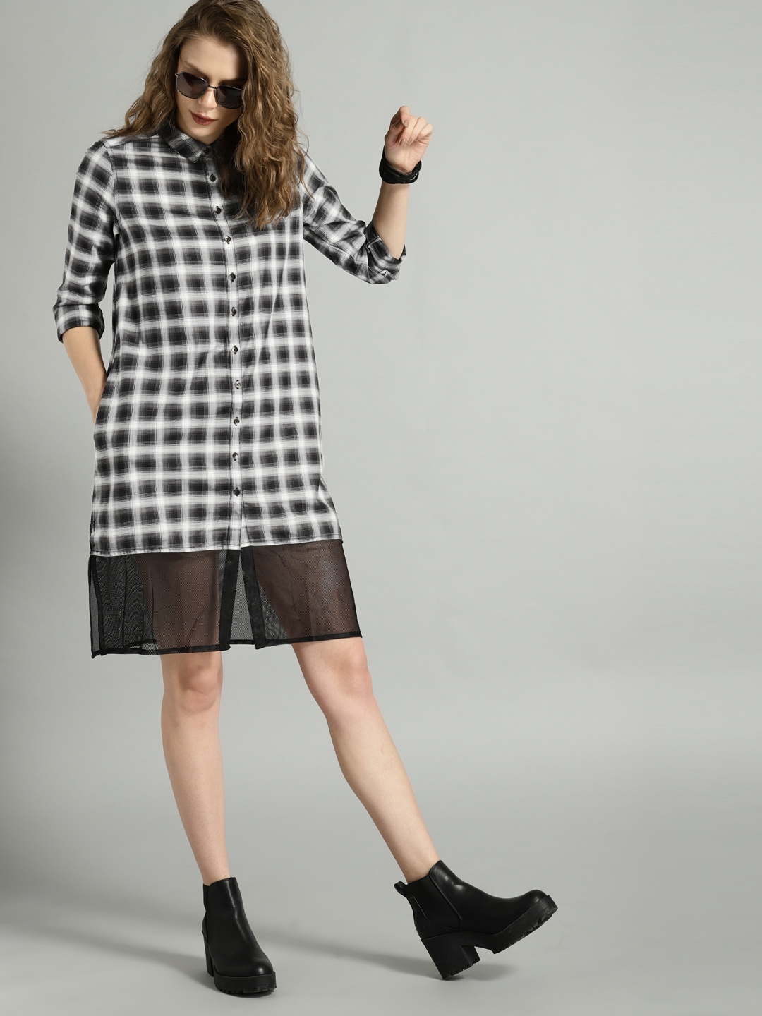 Roadster Women Black  White Checked Shirt Dress