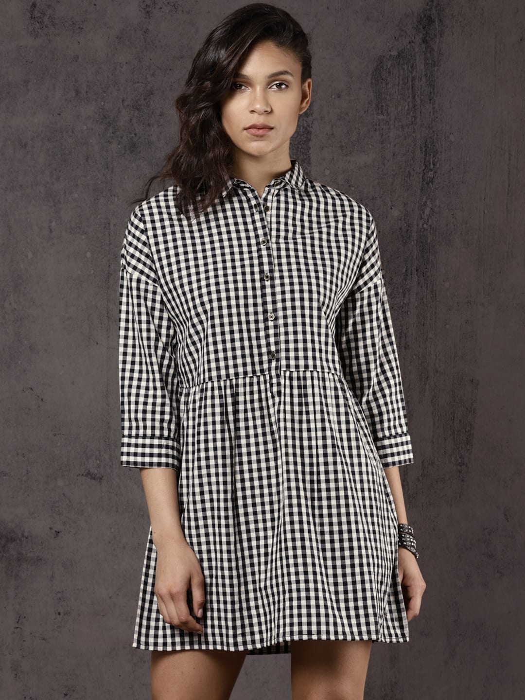 Roadster Time Travlr Women Black  White Checked Shirt Dress