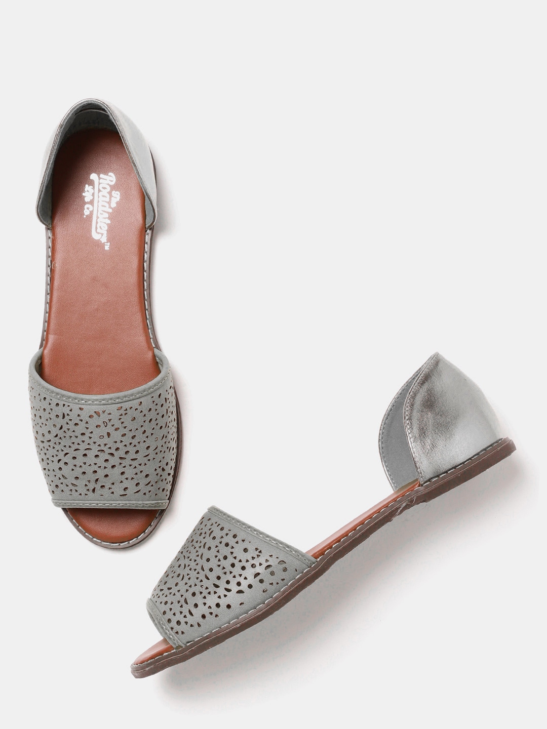 Roadster Women Grey  Gunmetal-Toned Open Toe Flats with Laser Cuts