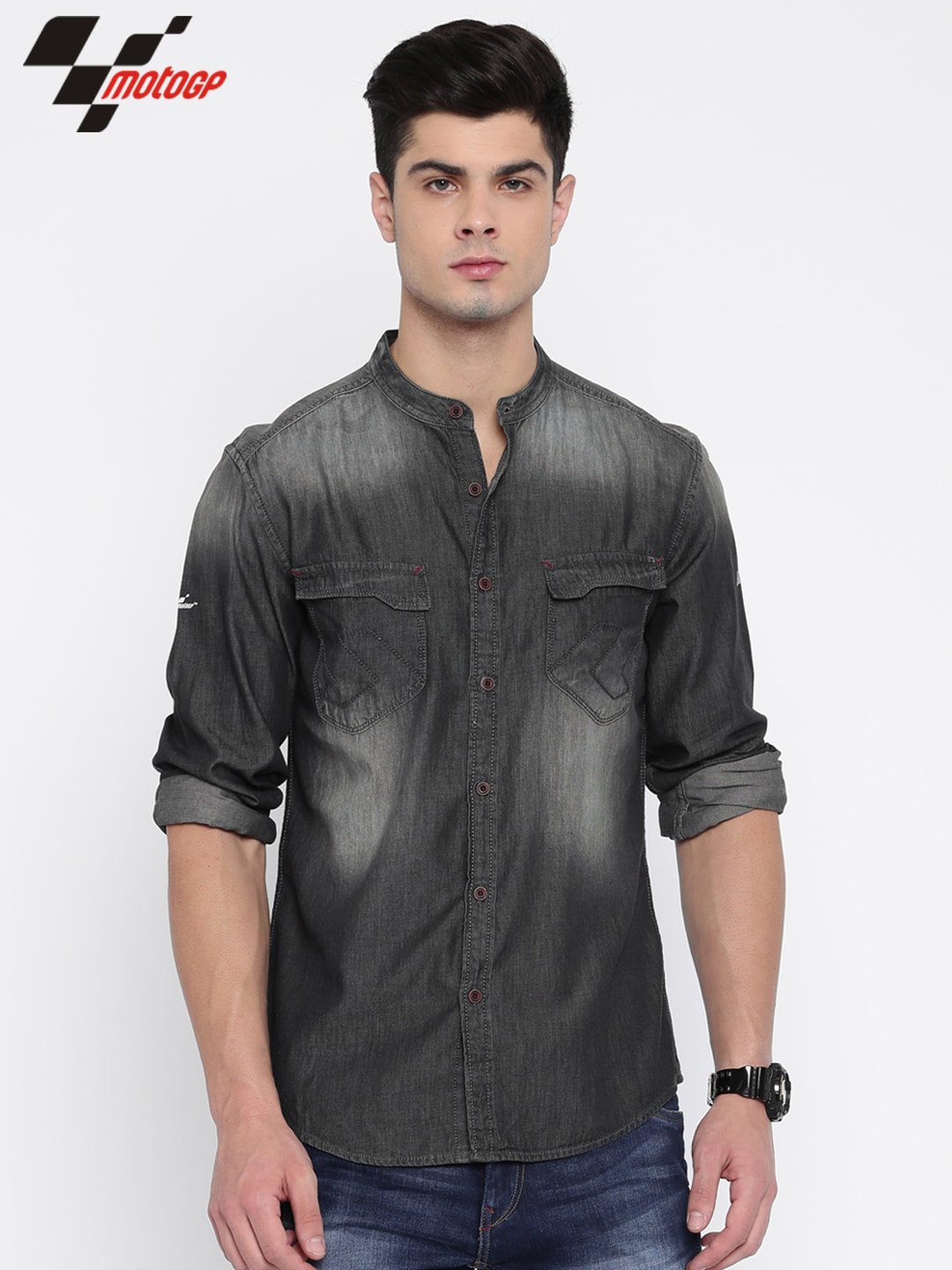 RDSTR Men Black MotoGP Slim Fit Faded Denim Casual Shirt