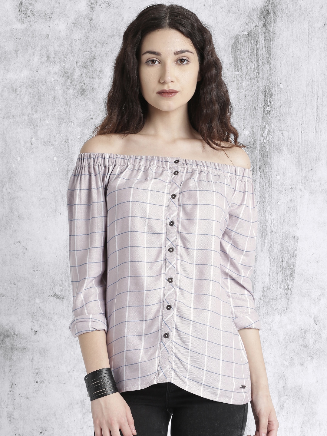 Roadster Women Taupe Checked Bardot Top