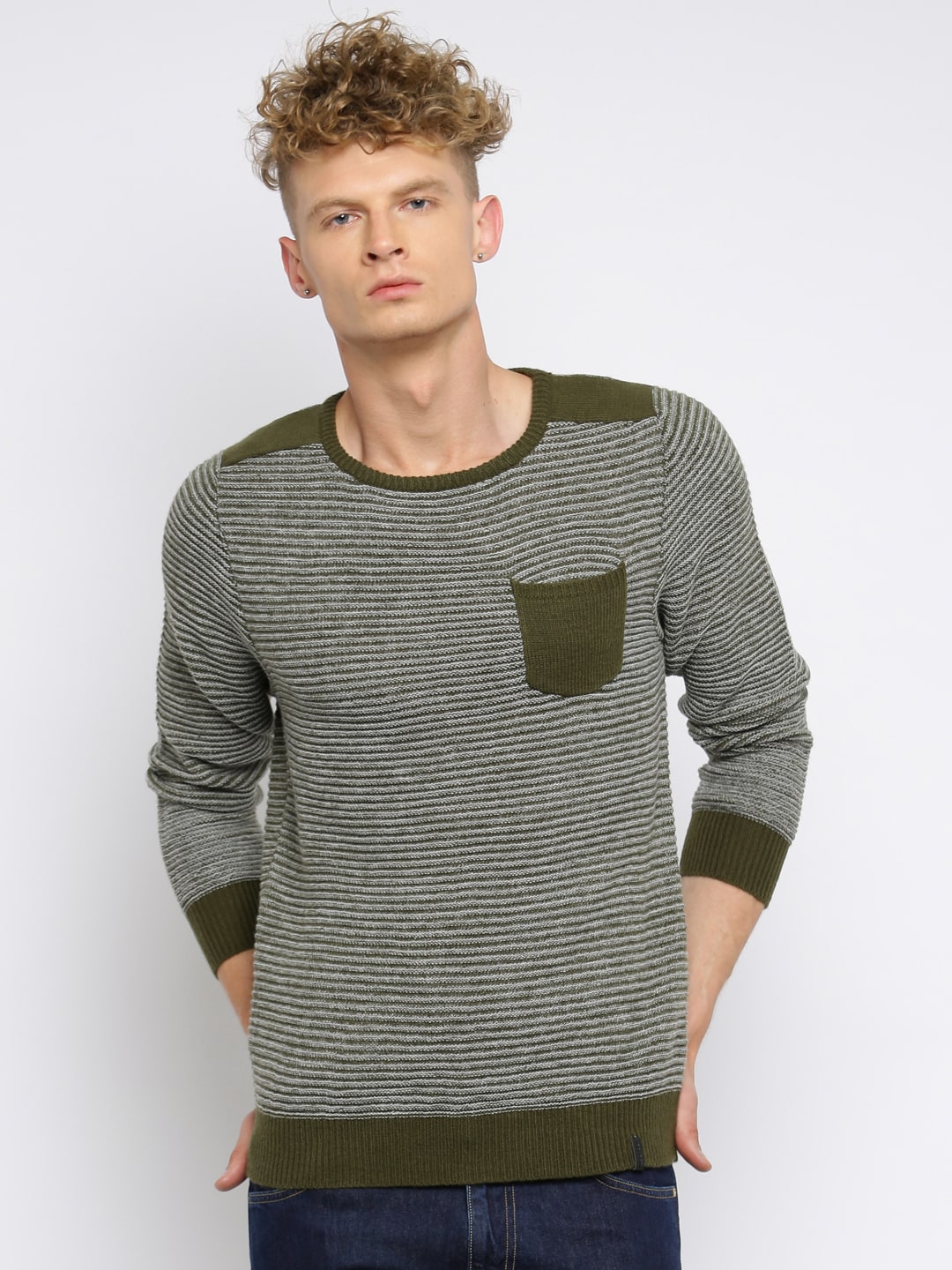 Roadster Men Olive Green Self Striped Sweater