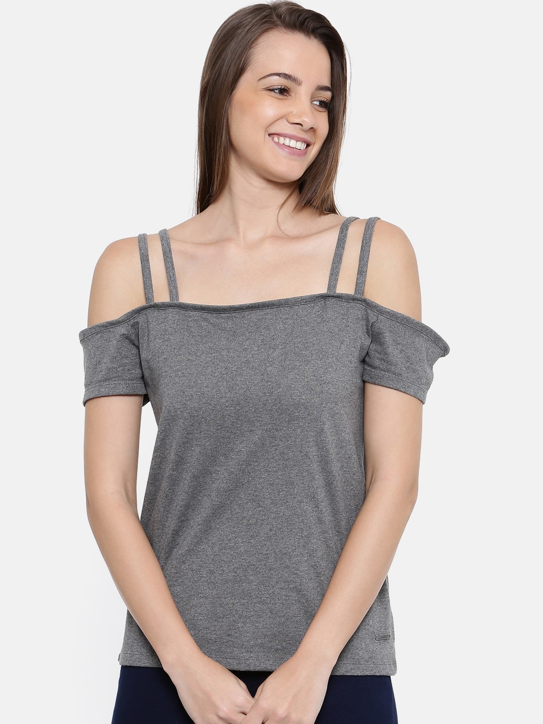 Roadster Women Grey Melange Solid Bardot Top