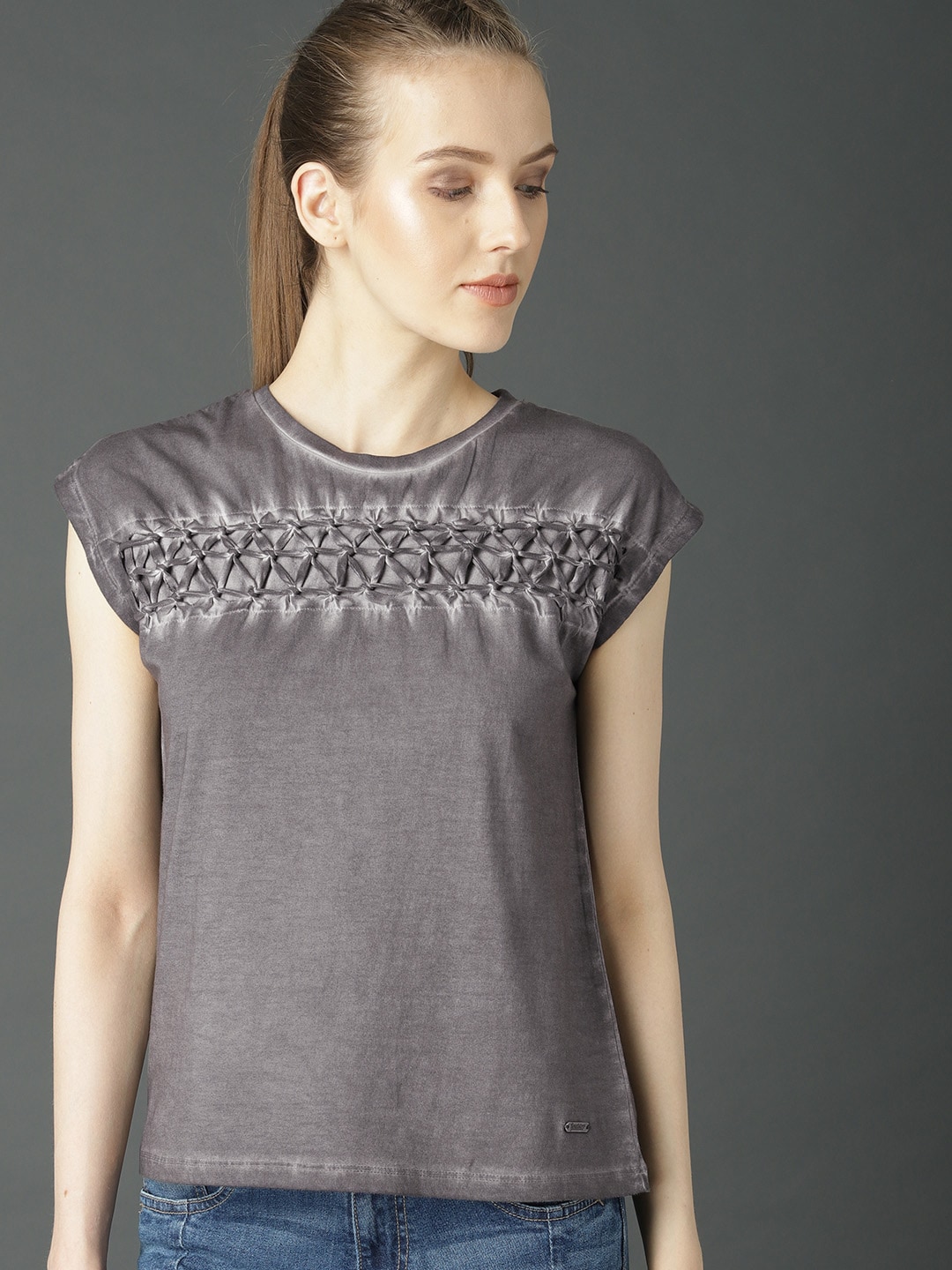 Roadster Women Charcoal Grey Washed Braided Yoke Top