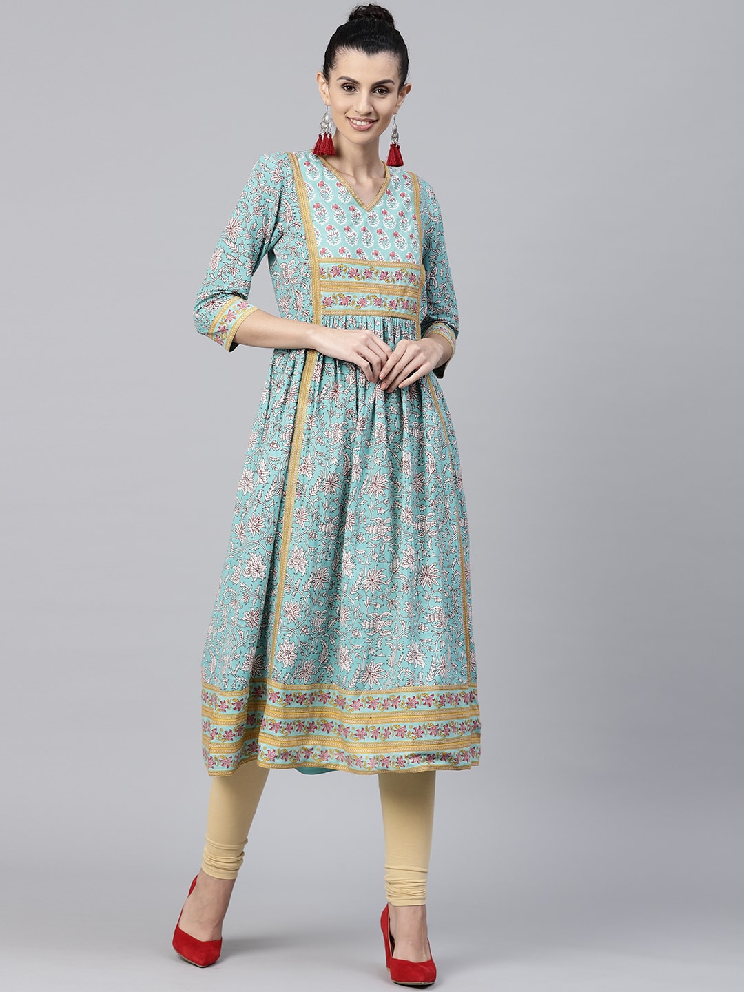 Rain  Rainbow Women Sea Green  White Printed Anarkali Kurta