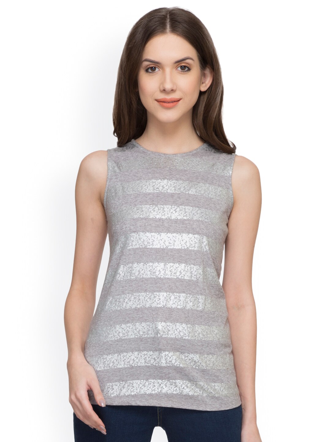 Raindrops Women Grey Striped Top