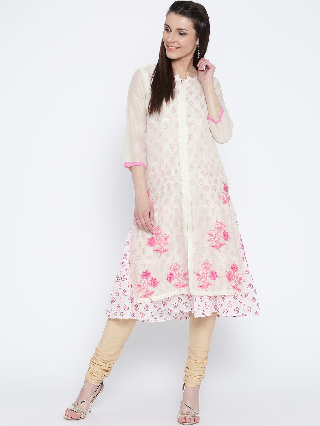 Rangriti Women Off-White  Pink Printed Layered Kurta