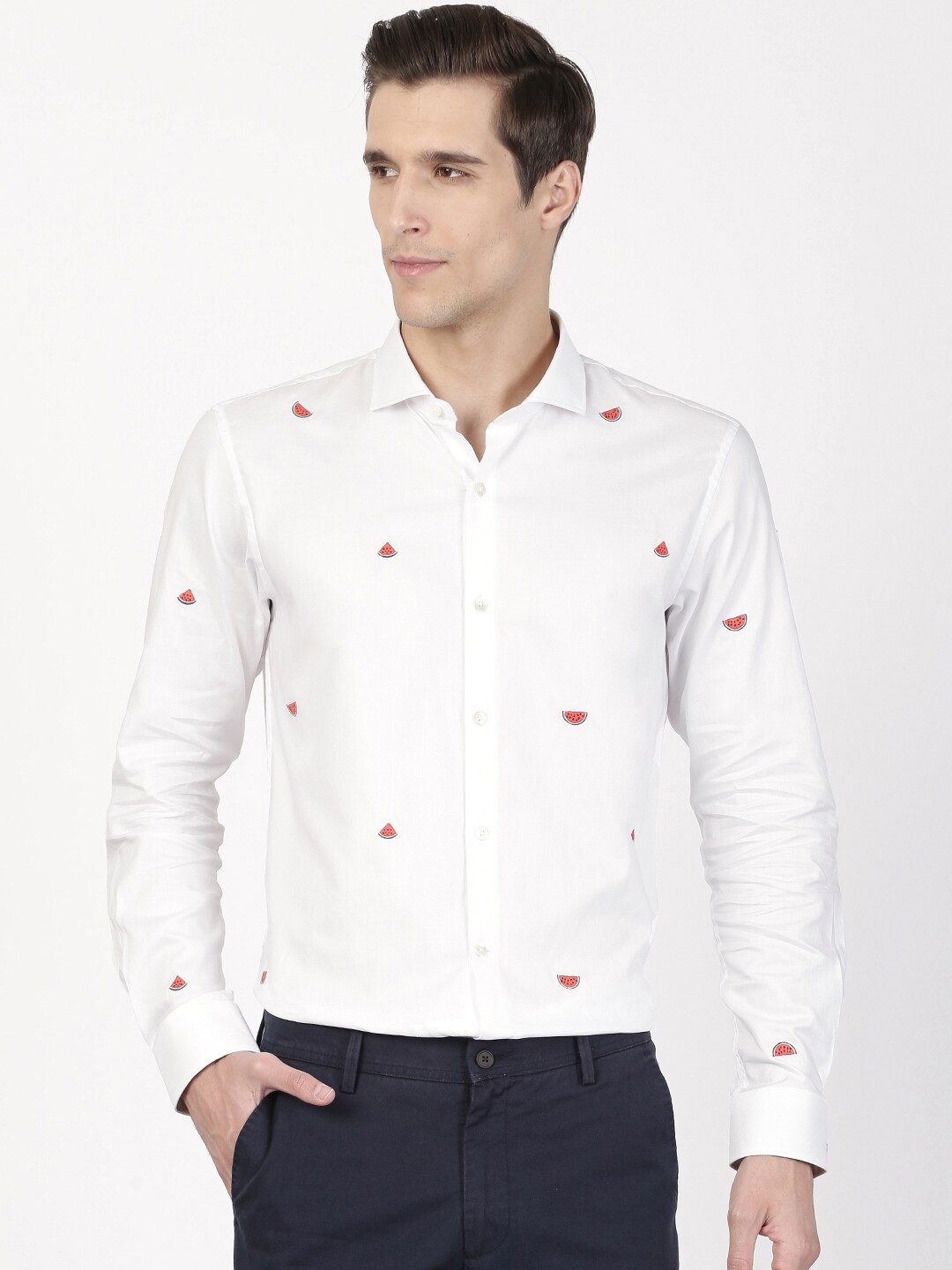 SIMON CARTER LONDON Men White Modern Fit Watermelon Embroidered Formal Shirt