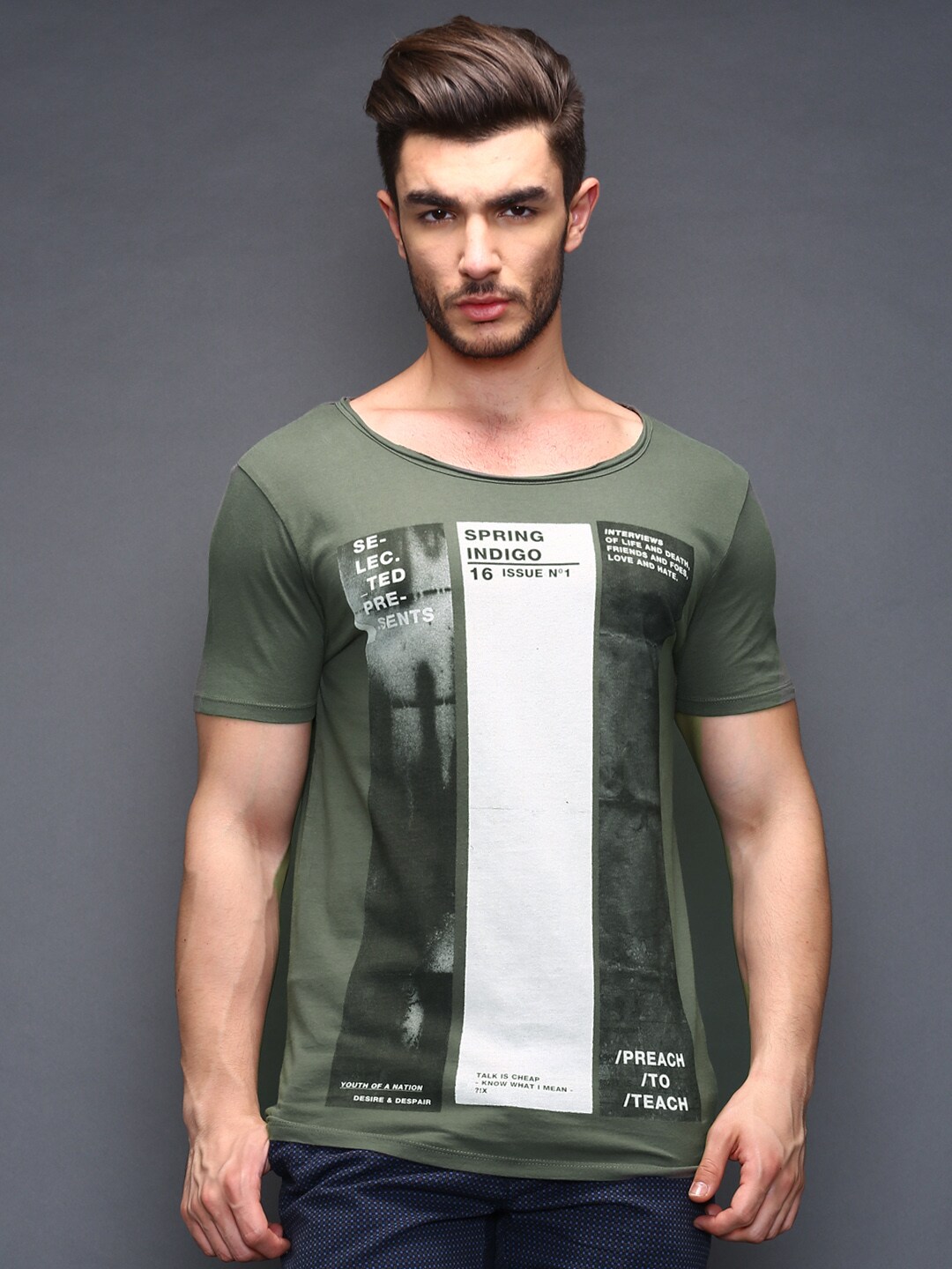 SELECTED Olive Green Printed T-shirt