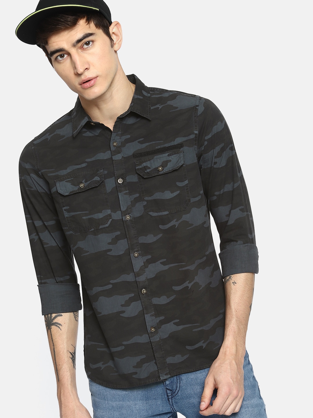 SINGLE Men Grey  Olive Green Slim Fit Printed Casual Shirt