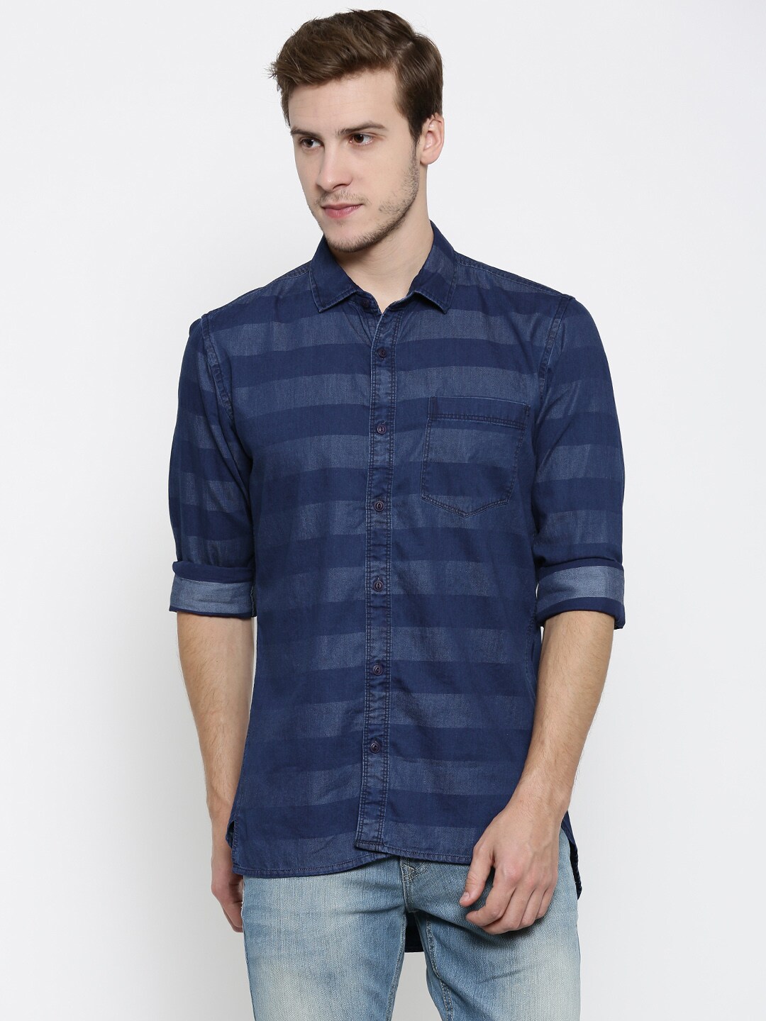 SF JEANS by Pantaloons Men Blue Striped Regular Fit Chambray Shirt