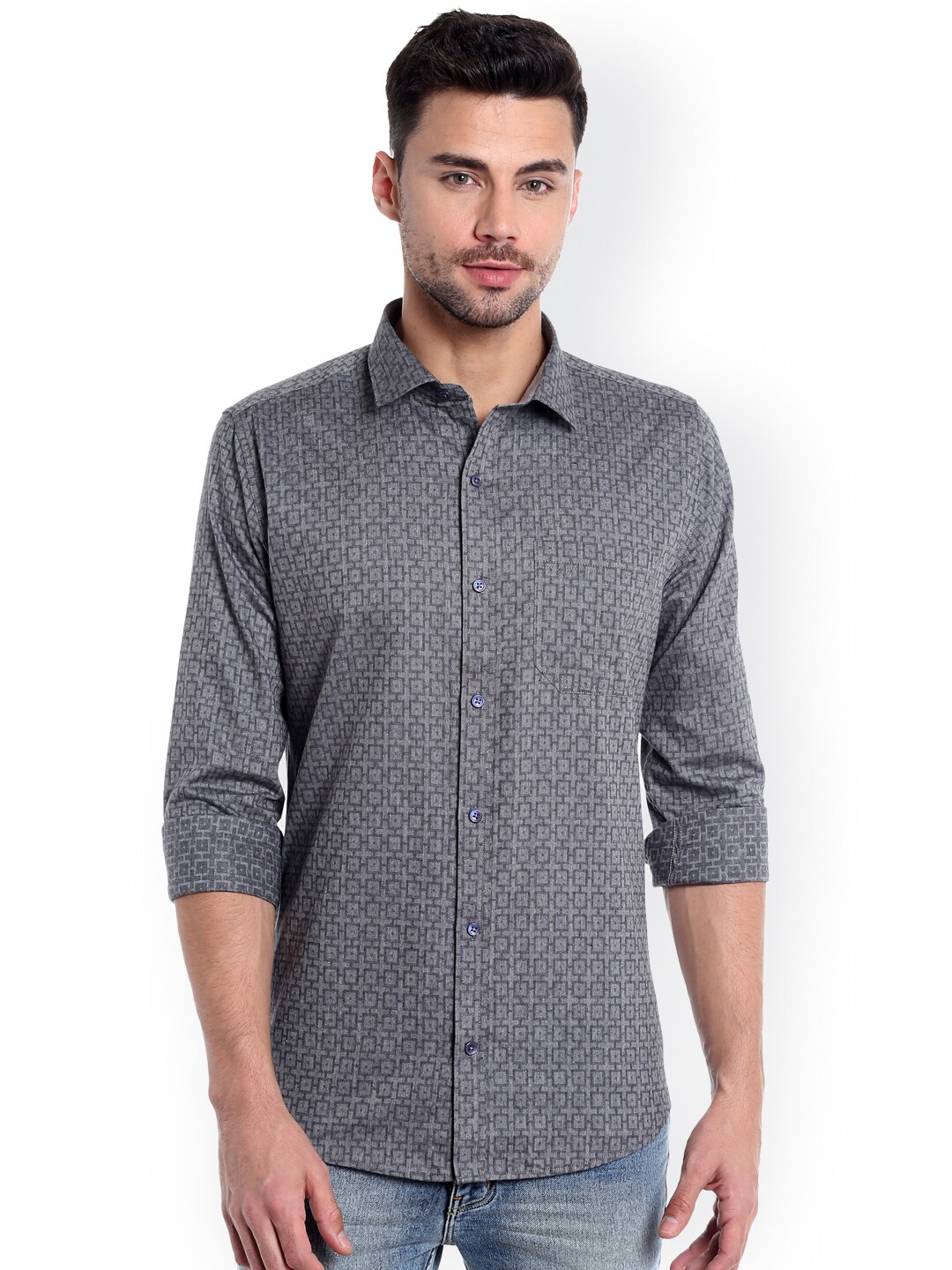 Solemio Men Grey Smart Regular Fit Printed Casual Shirt