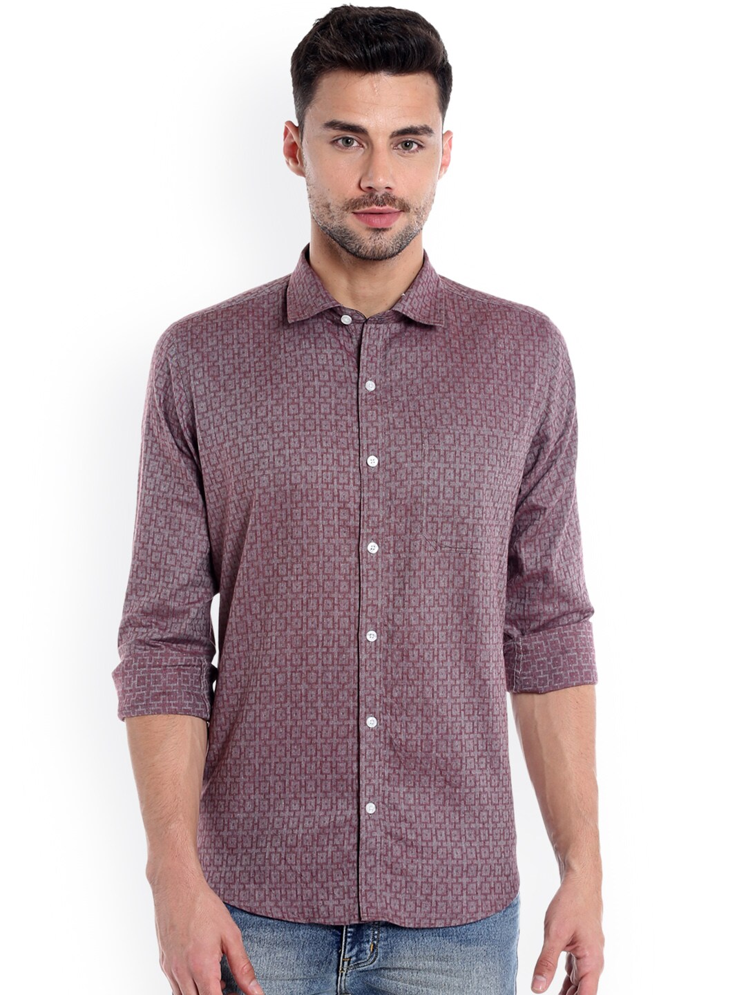 Solemio Men Burgundy Smart Regular Fit Printed Casual Shirt