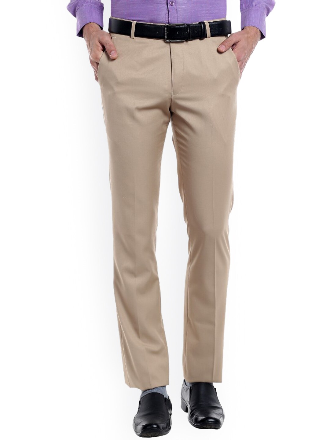 Solemio Men Beige Solid Slim Fit Formal Trousers