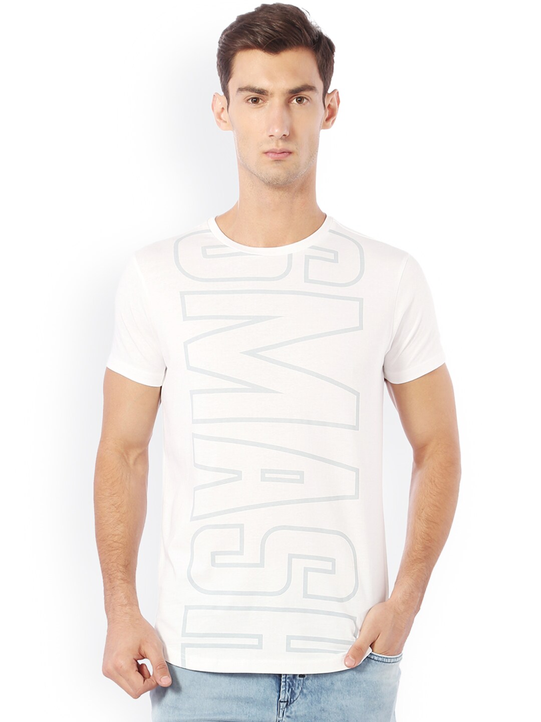 Solly Sport Men White Printed Round Neck T-shirt