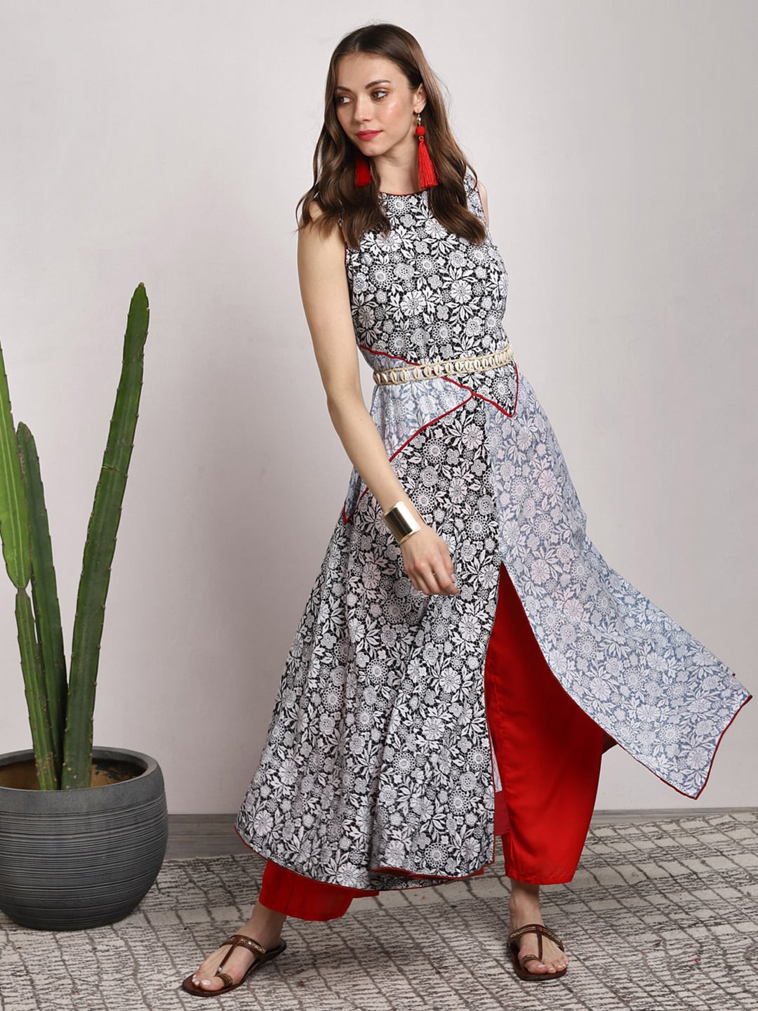 Sangria Women Grey Printed A-line Kurta