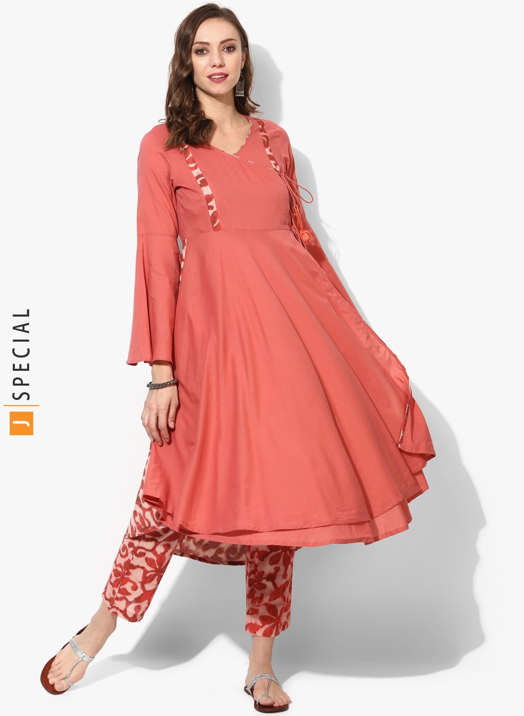 Sangria V Neck Angrakha Style Half N Half Printed Anarkali Along With Printed Pants