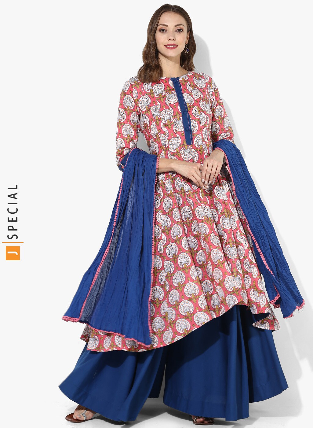 Sangria Round Neck Panelled Printed Hi-Low Hem Anarkali Along With Circular Palazzo And Voile Crushed Dupatta