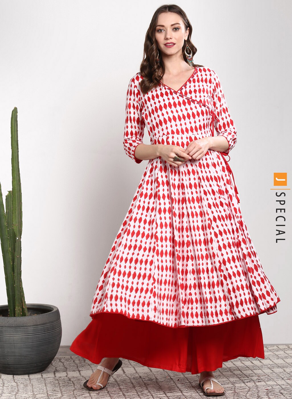 Sangria Red  White Printed Anarkali With Palazzo