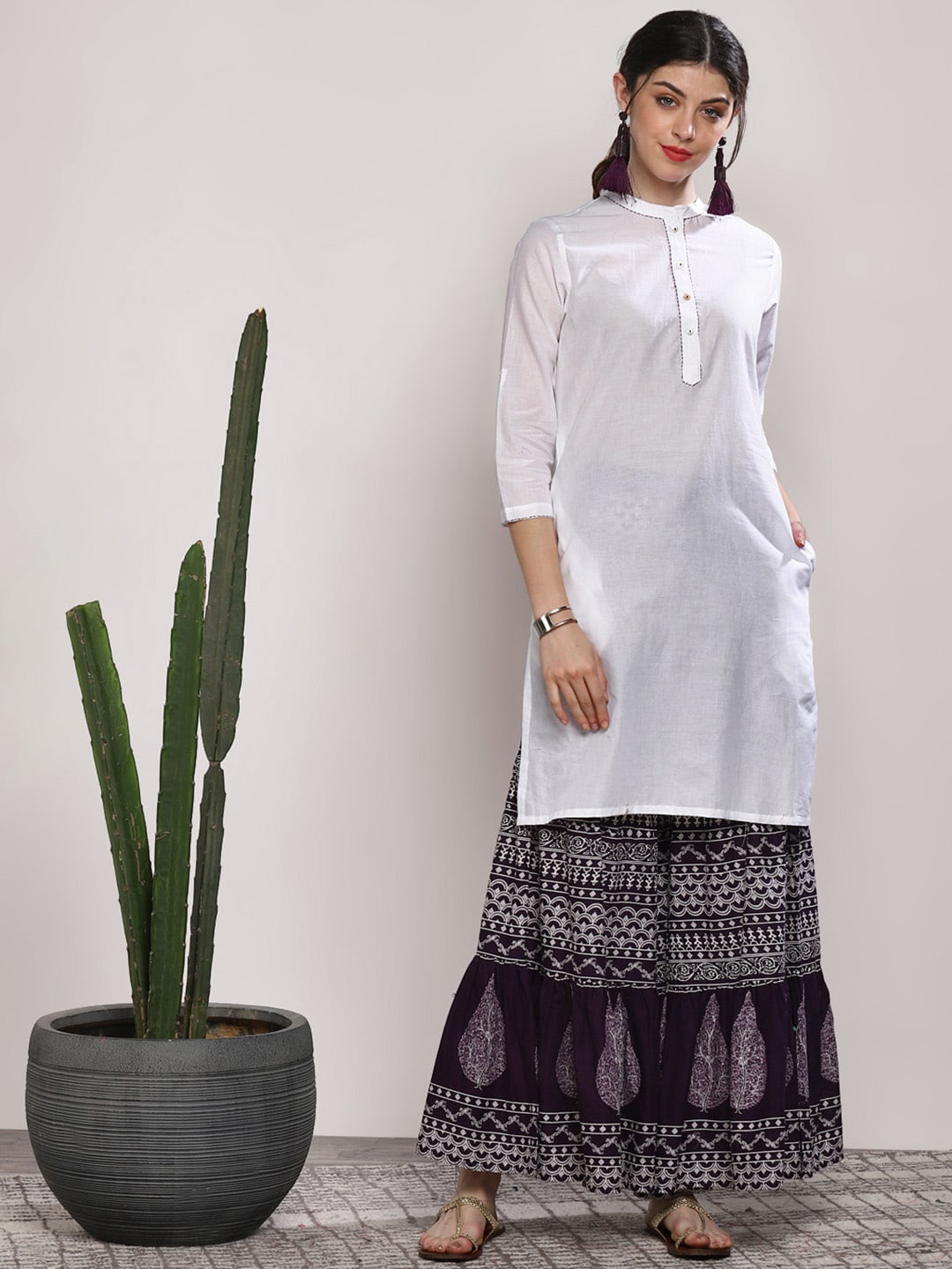 Sangria Women Off-White  Navy Blue Solid Kurta with Palazzos