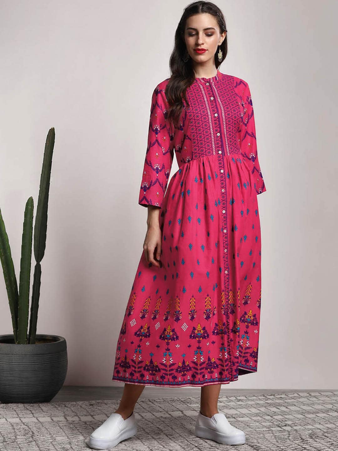 Sangria Red Band Collar 3/4th Sleeves Mughal Printed Anarkali