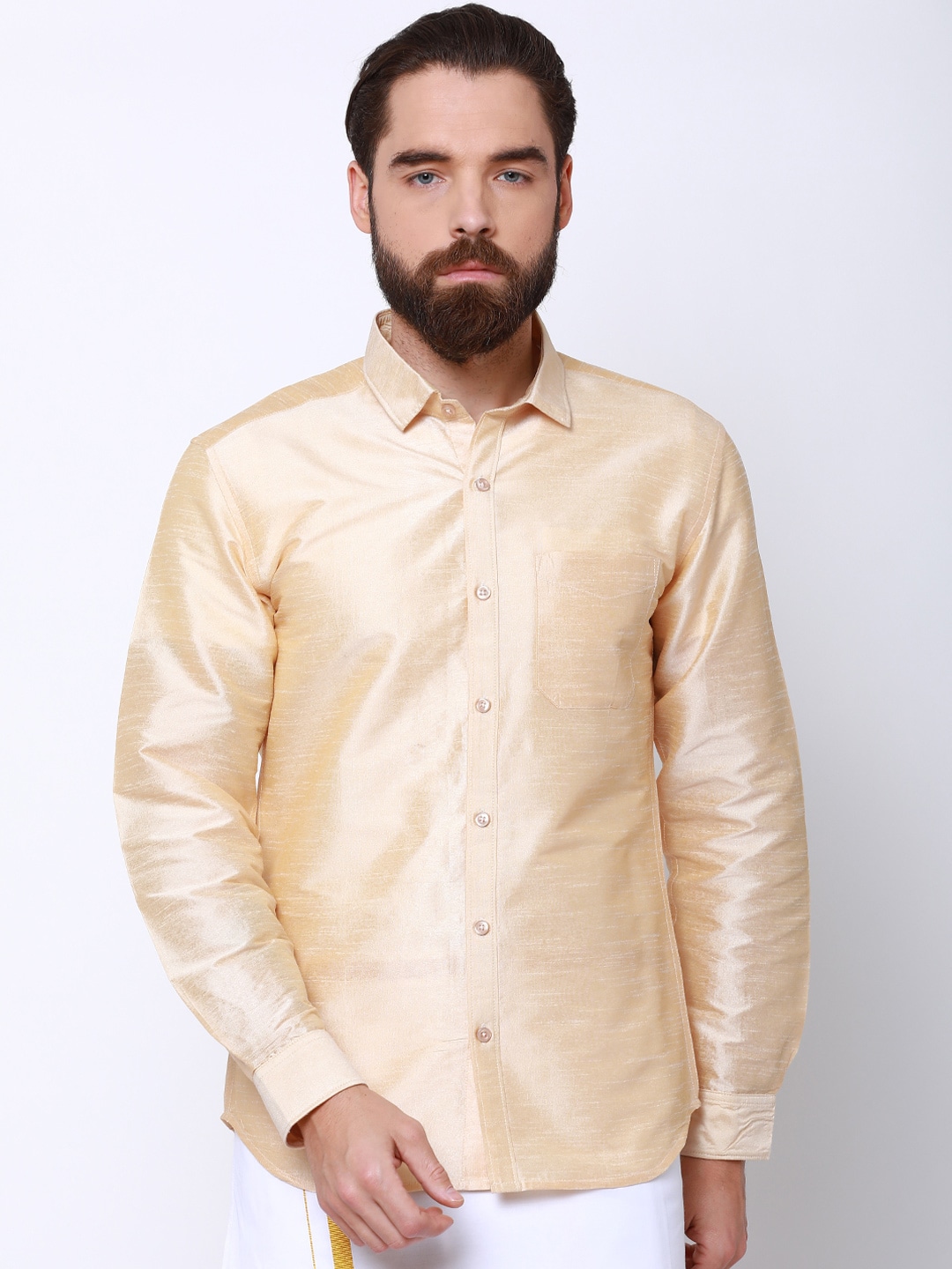 Svanik Men Cream-Coloured Slim Fit Solid Party Shirt