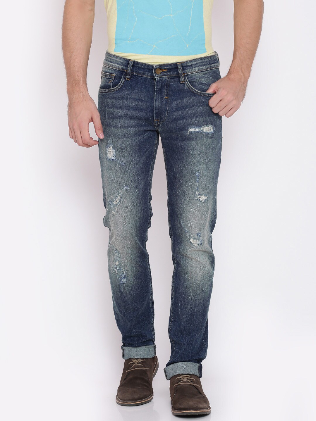 Solly Jeans Co. by Allen Solly Men Blue Skinny Fit Low-Rise Mildly Distressed Stretchable Jeans