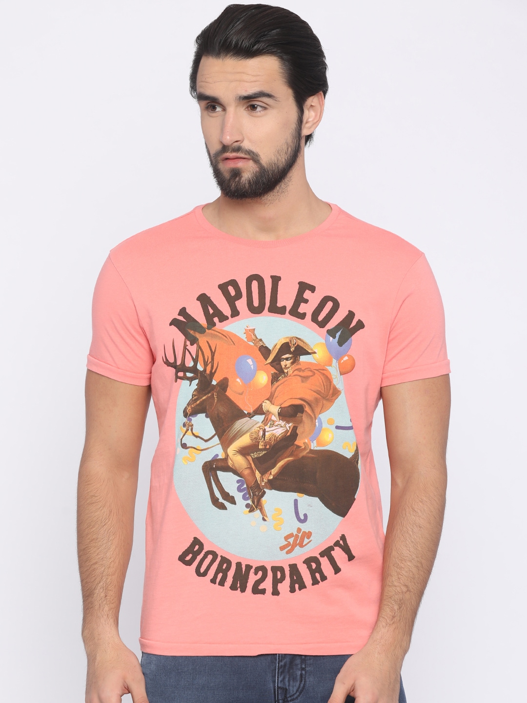 Solly Jeans Co. Men Peach-Coloured Printed Round Neck T-shirt