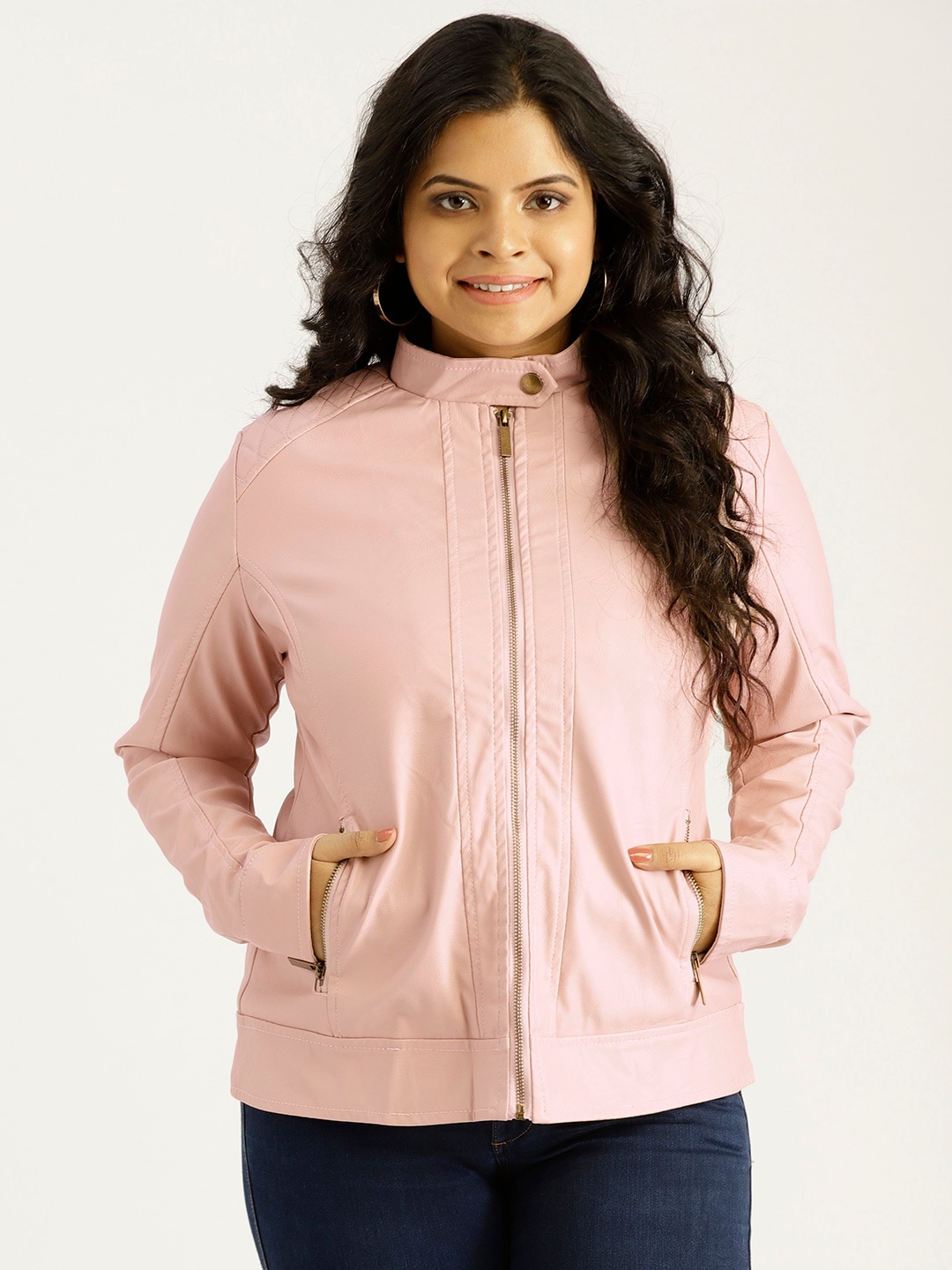 Sztori Plus Size Women Pink Solid Biker Jacket