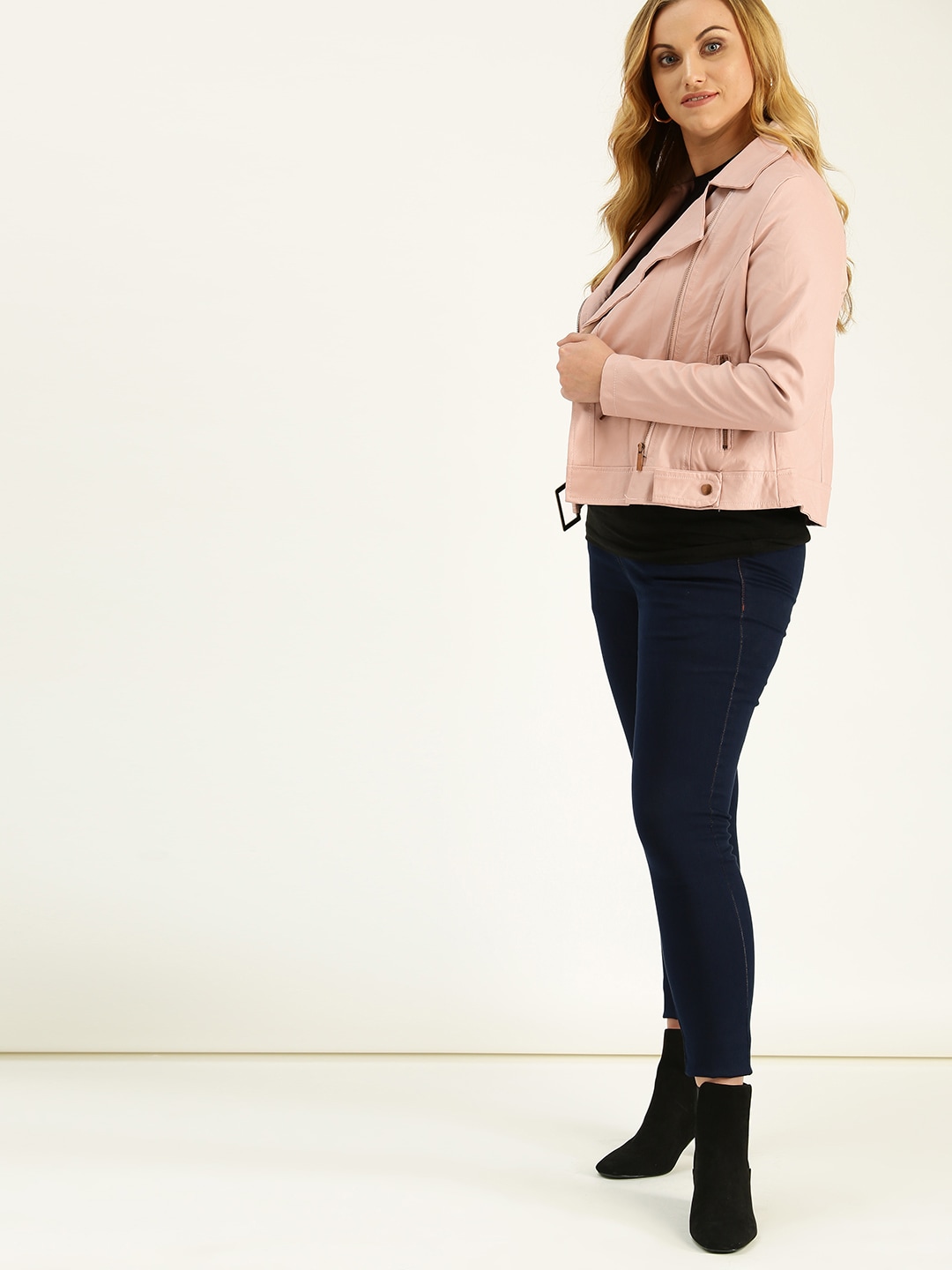 Sztori Plus Size Women Pink Solid Asymmetric Closure Biker Jacket