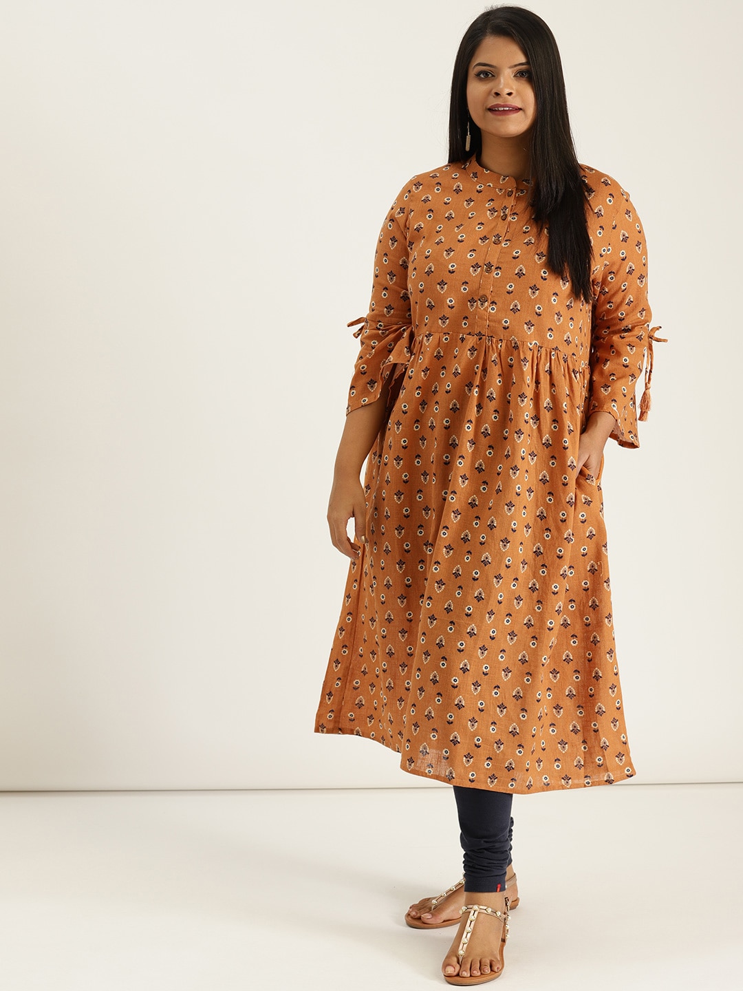 Sztori Plus Size Women Mustard Brown Printed A-Line Kurta