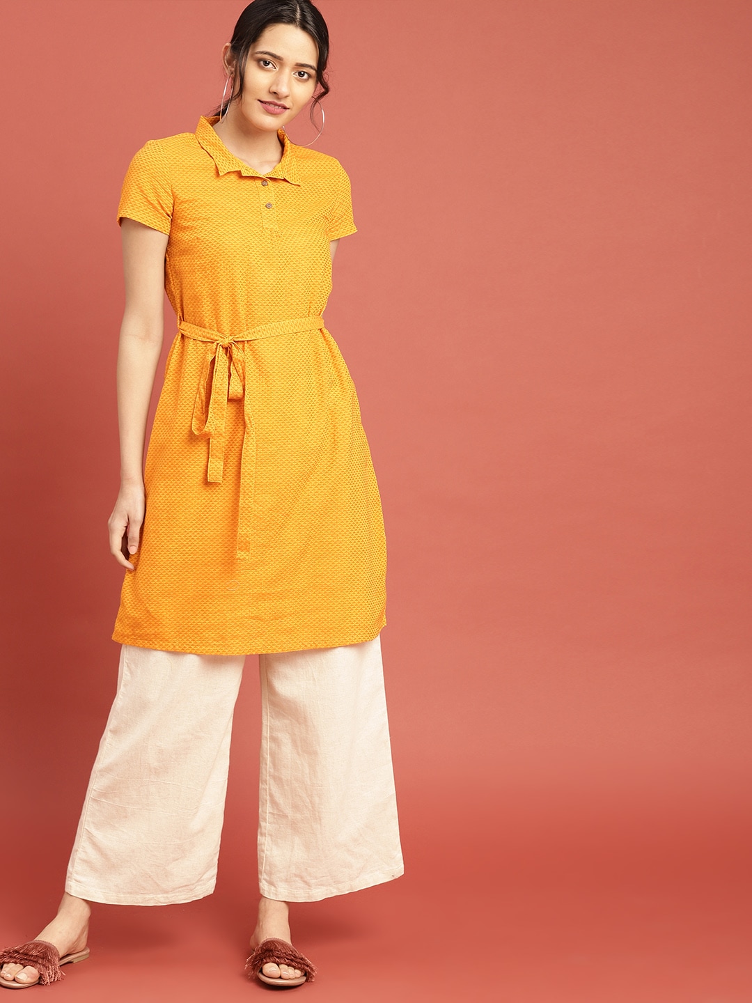 Taavi Women Mustard Yellow Woven Legacy Straight Sustainable Kurta with Tie-Up Detail