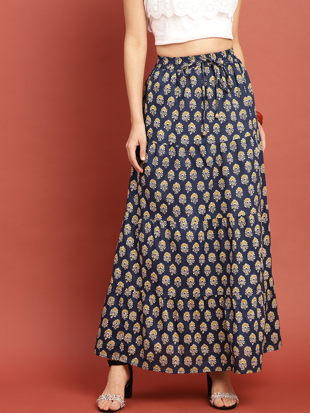 Taavi Women Blue Block Print Legacy A-Line Maxi Flared Skirt