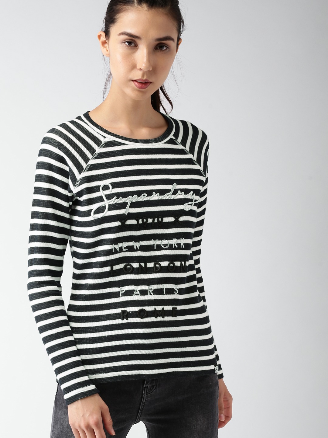 Superdry Women Black & White Striped Top