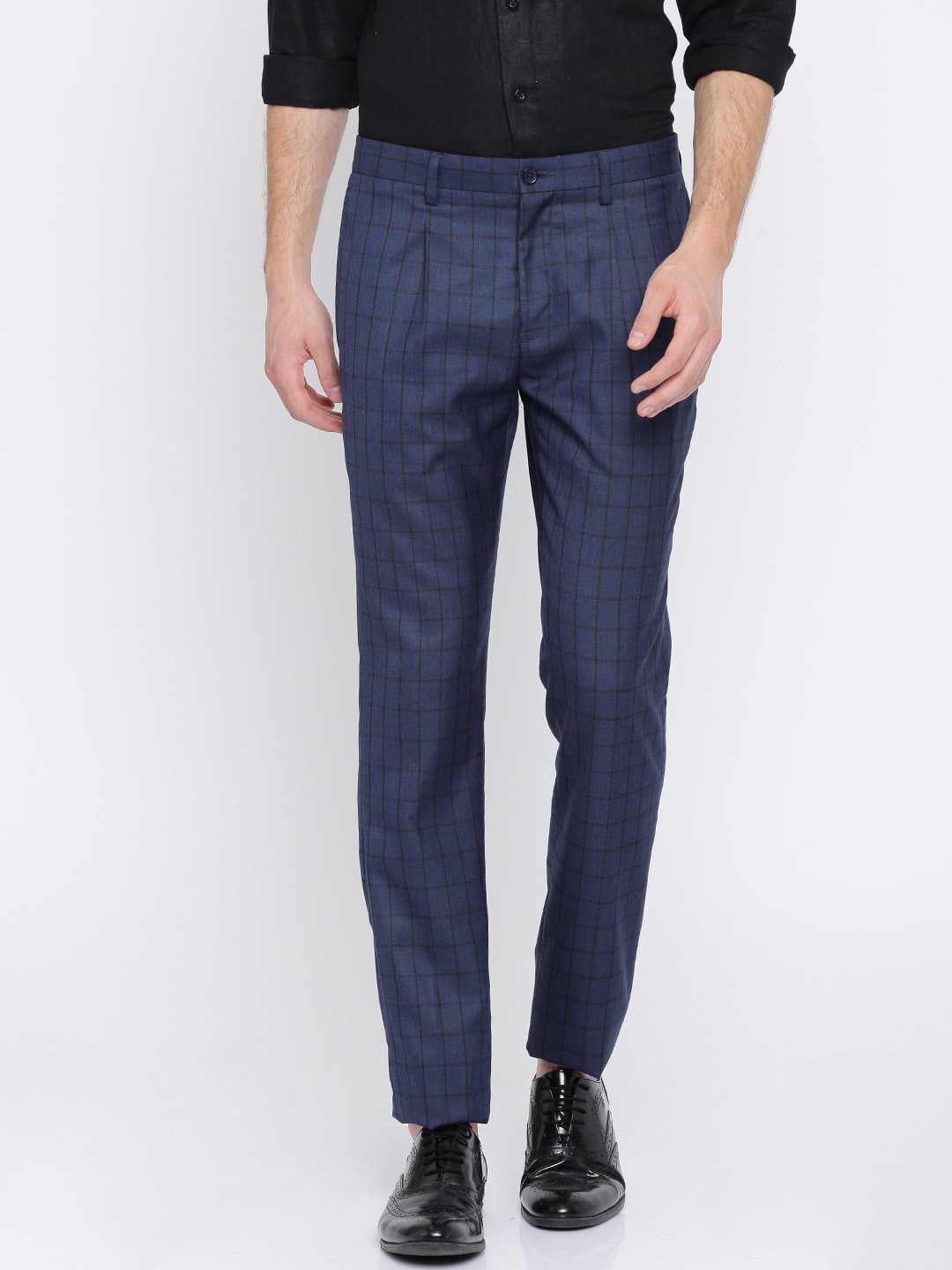 INVICTUS Men Blue  Black Slim Fit Checked Formal Trousers