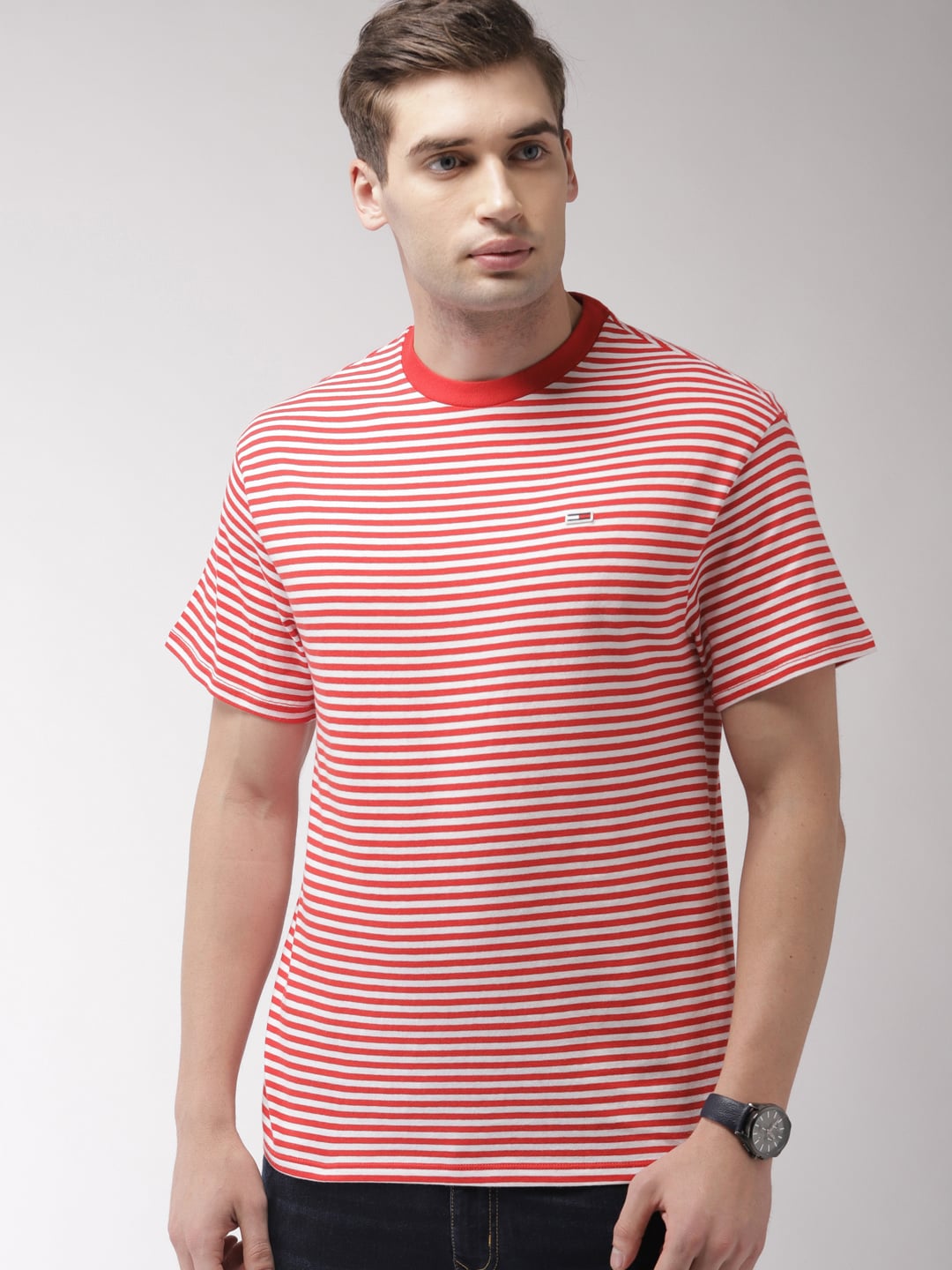 Tommy Hilfiger Men Red  White Striped Round Neck T-shirt