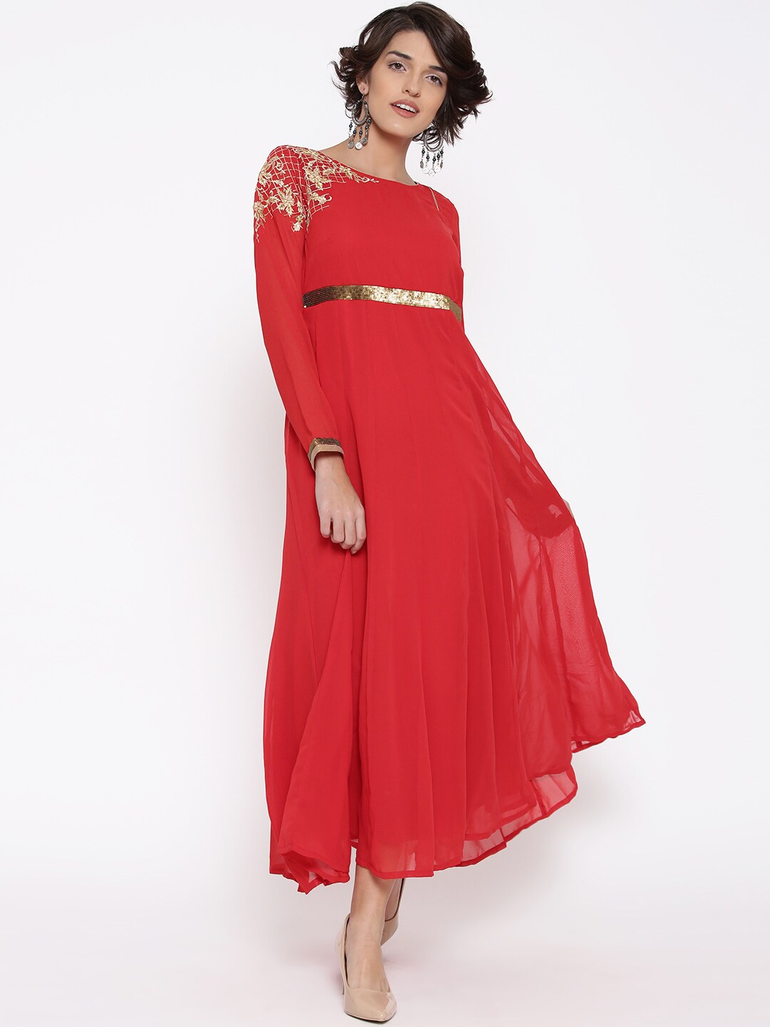 TRISHAA BY PANTALOONS Women Red Embroidered Maxi Dress