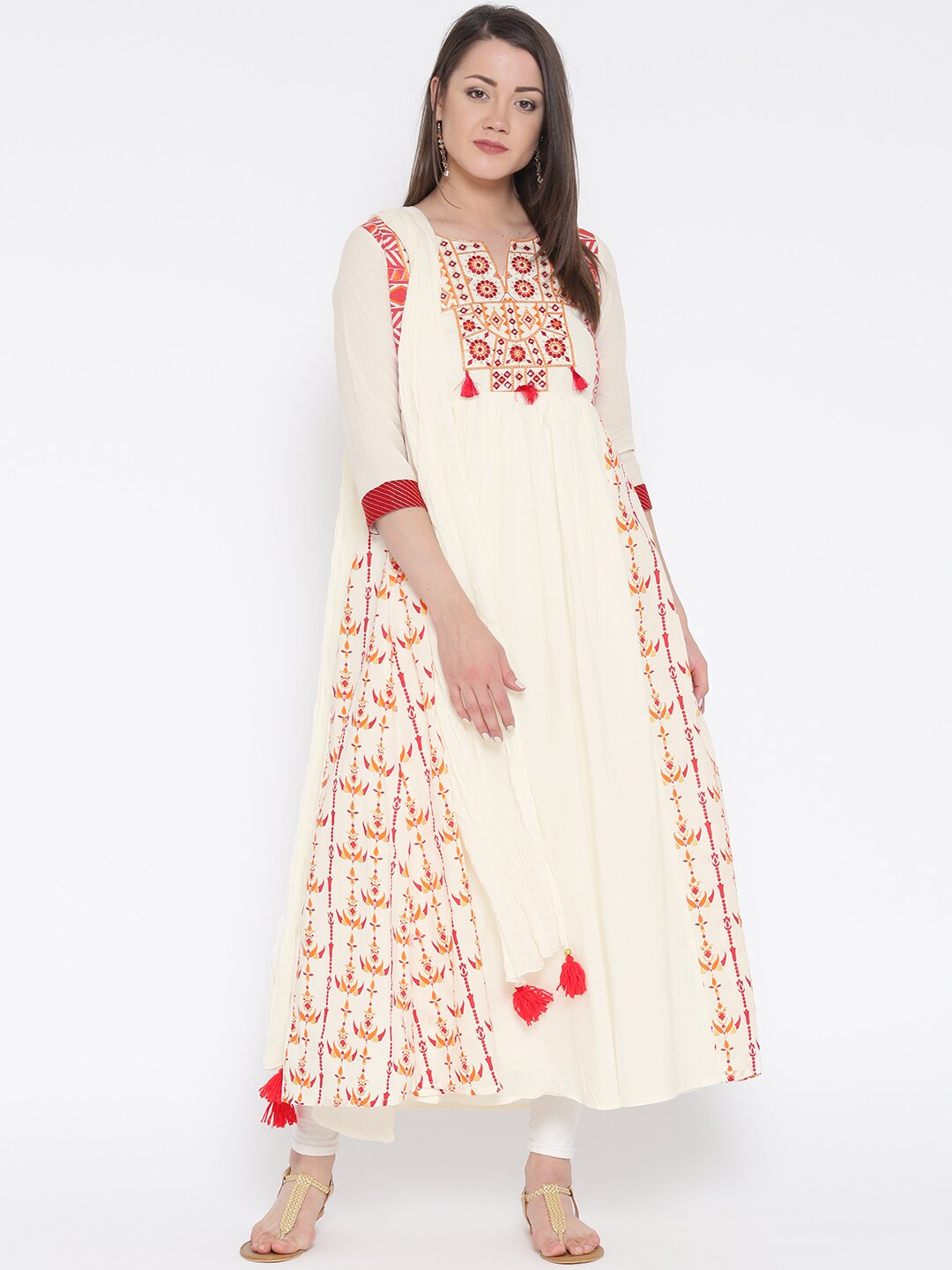 TRISHAA BY PANTALOONS Women Off-White Embroidered Printed Anarkali Kurta with Dupatta