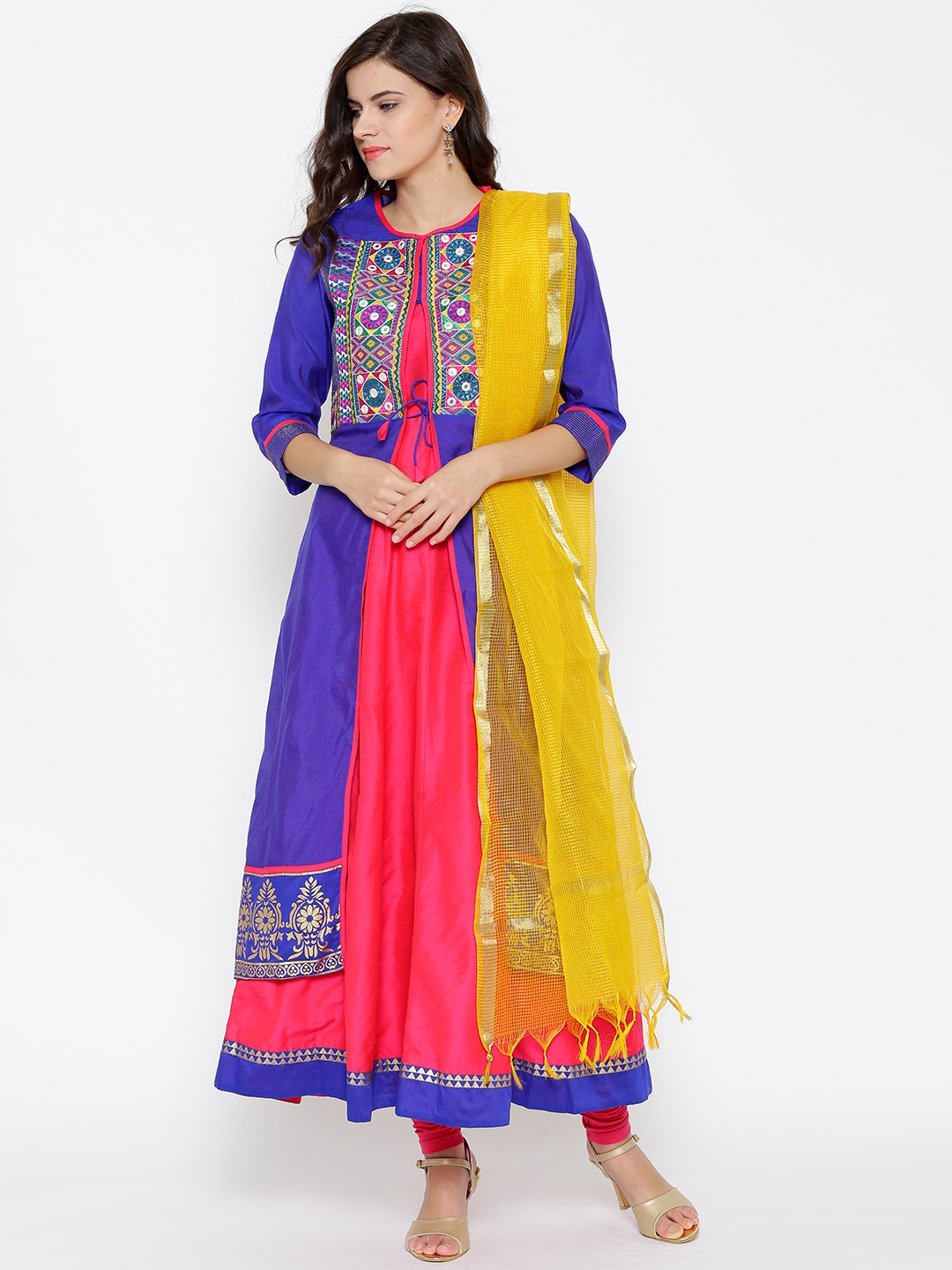 TRISHAA BY PANTALOONS Blue  Pink Embroidered Layered Anarkali Churidar Kurta with Dupatta