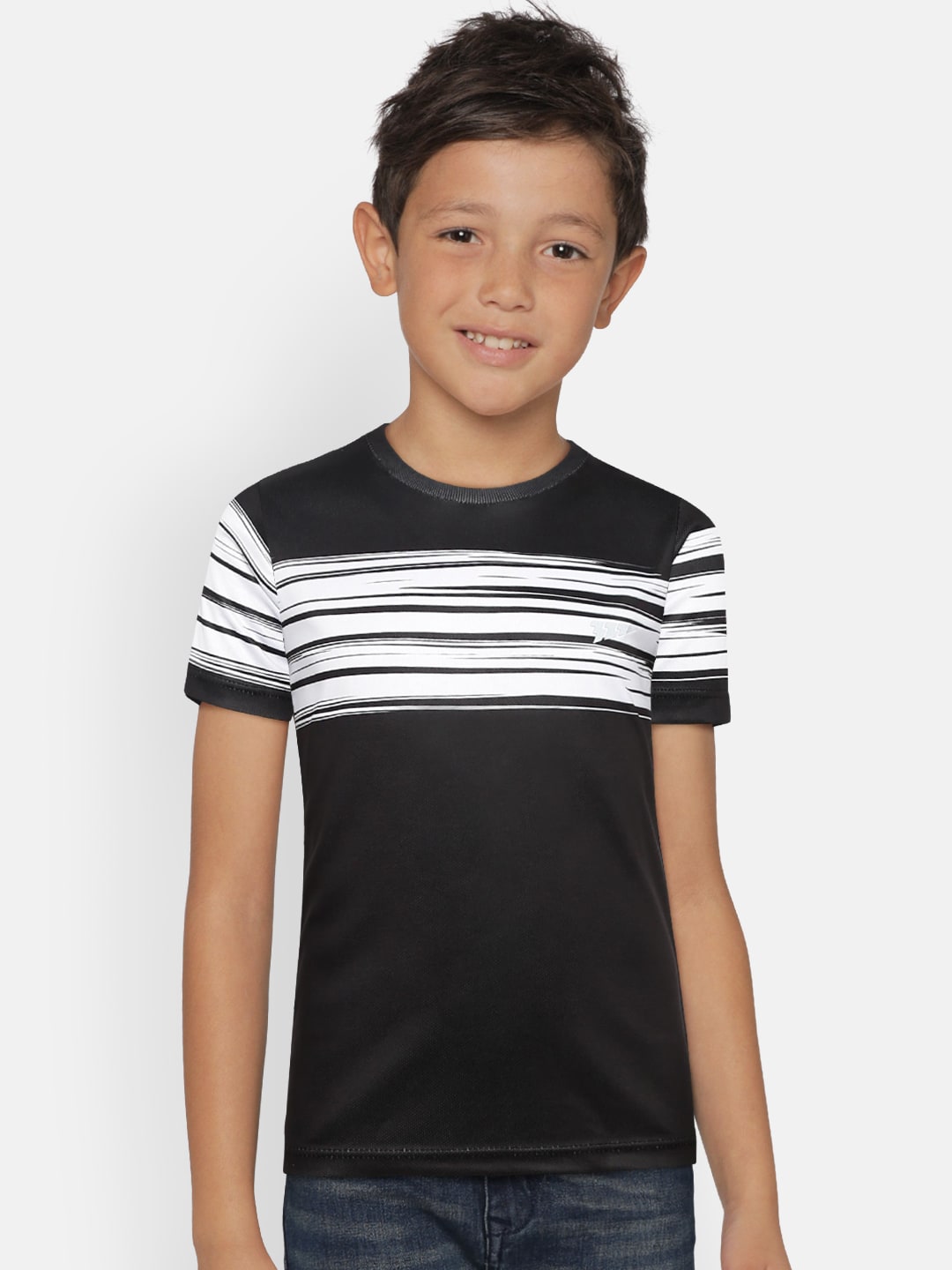 321 Sportswear Boys Black Striped Round Neck T-shirt