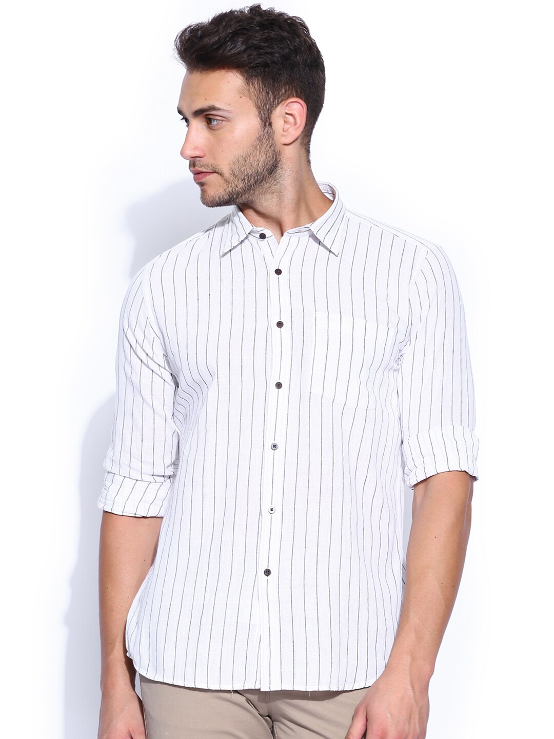 Turtle Off-White  Black Striped Slim Casual Shirt