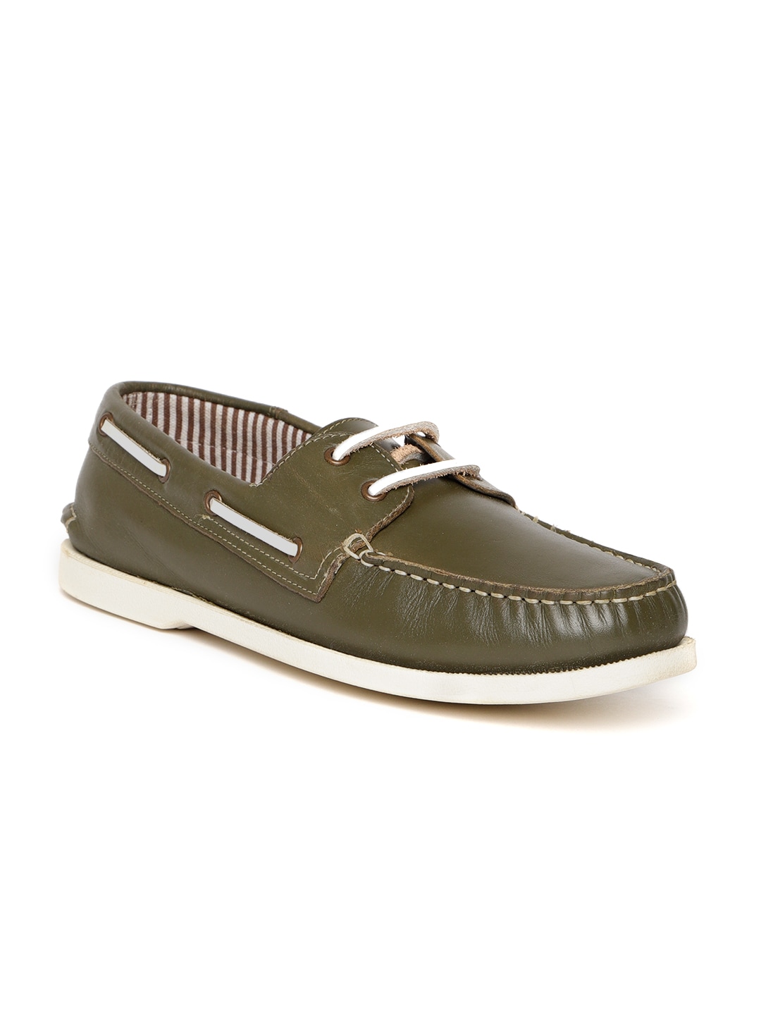 United Colors of Benetton Men Olive Green Leather Boat Shoes