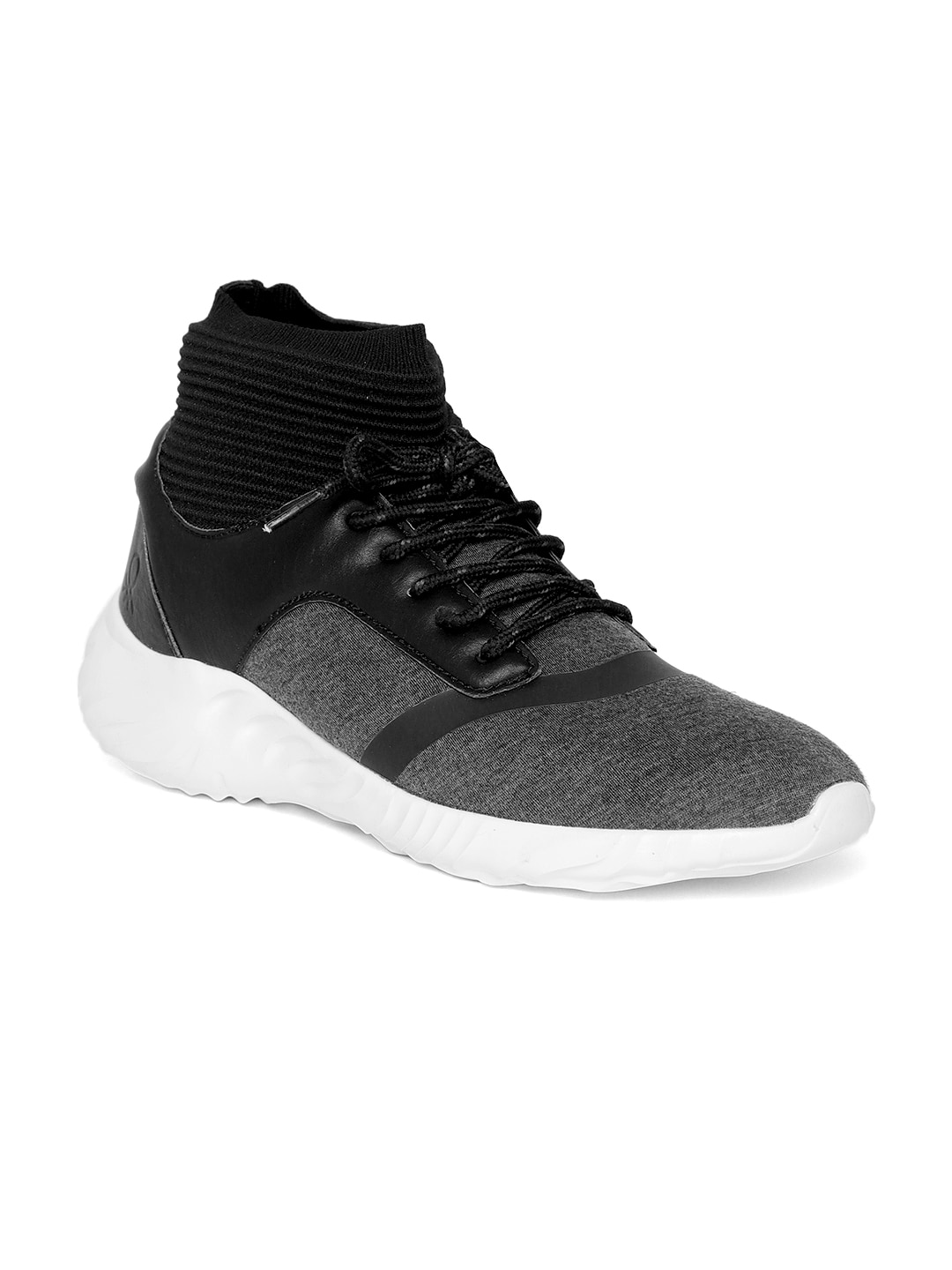 United Colors of Benetton Men Grey Melange  Black Colourblocked Mid-Top Sneakers