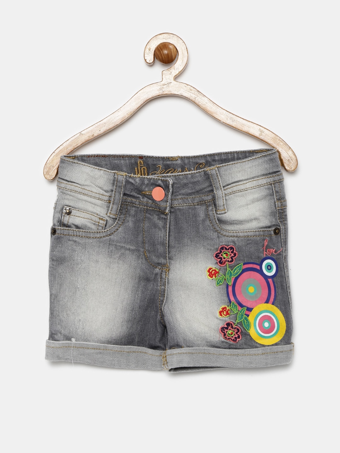 UFO Girls Grey Washed Denim Shorts