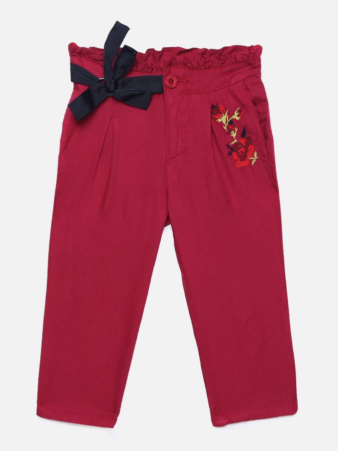 UFO Girls Red Regular Fit Embroidered Regular Trousers